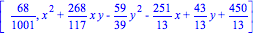 [68/1001, x^2+268/117*x*y-59/39*y^2-251/13*x+43/13*y+450/13]